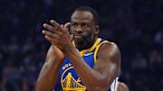 Jan 4, 2025; San Francisco, California, USA;  Golden State Warriors forward Draymond Green (23) celebrates a turnover by the Memphis Grizzlies in the first quarter at Chase Center. Mandatory Credit: David Gonzales-Imagn Images