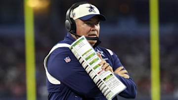 Sep 11, 2022; Arlington, Texas, USA;  Dallas Cowboys head coach Mike McCarthy reacts during the first half against the Tampa Bay Buccaneers at AT&T Stadium. Mandatory Credit: Kevin Jairaj-USA TODAY Sports