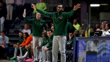 Dec 2, 2025; Oxford, Mississippi, USA; Miami Hurricanes head coach Jai Lucas reacts during the second half against the Mississippi Rebels at The Sandy and John Black Pavilion at Ole Miss. Mandatory Credit: Petre Thomas-Imagn Images