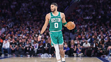 May 10, 2025; New York, New York, USA; Boston Celtics forward Jayson Tatum (0) during game three of the second round for the 2025 NBA Playoffs at Madison Square Garden. Mandatory Credit: Wendell Cruz-Imagn Images
