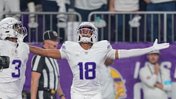 Dec 16, 2024; Minneapolis, Minnesota, USA; Minnesota Vikings wide receiver Justin Jefferson (18) celebrates his touchdown against the Chicago Bears in the first quarter at U.S. Bank Stadium. Mandatory Credit: Brad Rempel-Imagn Images