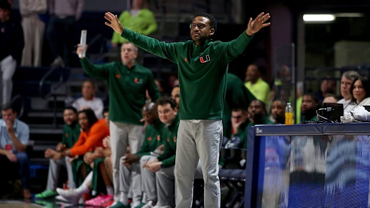 Dec 2, 2025; Oxford, Mississippi, USA; Miami Hurricanes head coach Jai Lucas reacts during the second half against the Mississippi Rebels at The Sandy and John Black Pavilion at Ole Miss. Mandatory Credit: Petre Thomas-Imagn Images