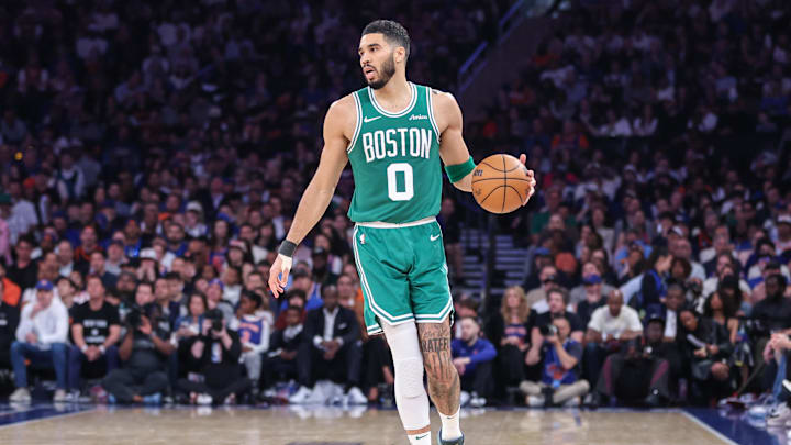 May 10, 2025; New York, New York, USA; Boston Celtics forward Jayson Tatum (0) during game three of the second round for the 2025 NBA Playoffs at Madison Square Garden. Mandatory Credit: Wendell Cruz-Imagn Images