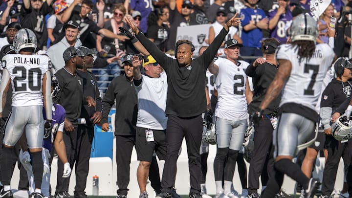 Sep 15, 2024; Baltimore, Maryland, USA; Las Vegas Raiders head coach Antonio Pierce reacts after the defense makes a stop  during the second half against the Baltimore Ravens at M&T Bank Stadium. Mandatory Credit: Tommy Gilligan-Imagn Images