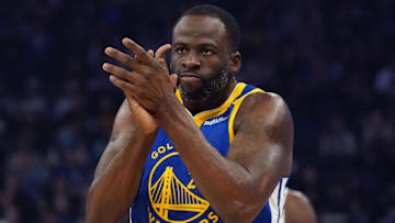 Jan 4, 2025; San Francisco, California, USA;  Golden State Warriors forward Draymond Green (23) celebrates a turnover by the Memphis Grizzlies in the first quarter at Chase Center. Mandatory Credit: David Gonzales-Imagn Images