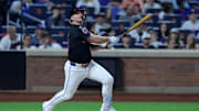 Sep 19, 2025; New York City, New York, USA; New York Mets first baseman Pete Alonso (20) follows through on a single against the Washington Nationals during the first inning at Citi Field. Mets shortstop Francisco Lindor (not pictured) scored on the play on an error by Nationals right fielder Dylan Crews (not pictured). Mandatory Credit: Brad Penner-Imagn Images