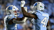 Nov 8, 2025; Chapel Hill, North Carolina, USA;  North Carolina Tar Heels linebacker Tyler Thompson (40) reacts with linebacker Jonathan Agumadu (41) after a sack in the fourth quarter at Kenan Stadium. Mandatory Credit: Bob Donnan-Imagn Images