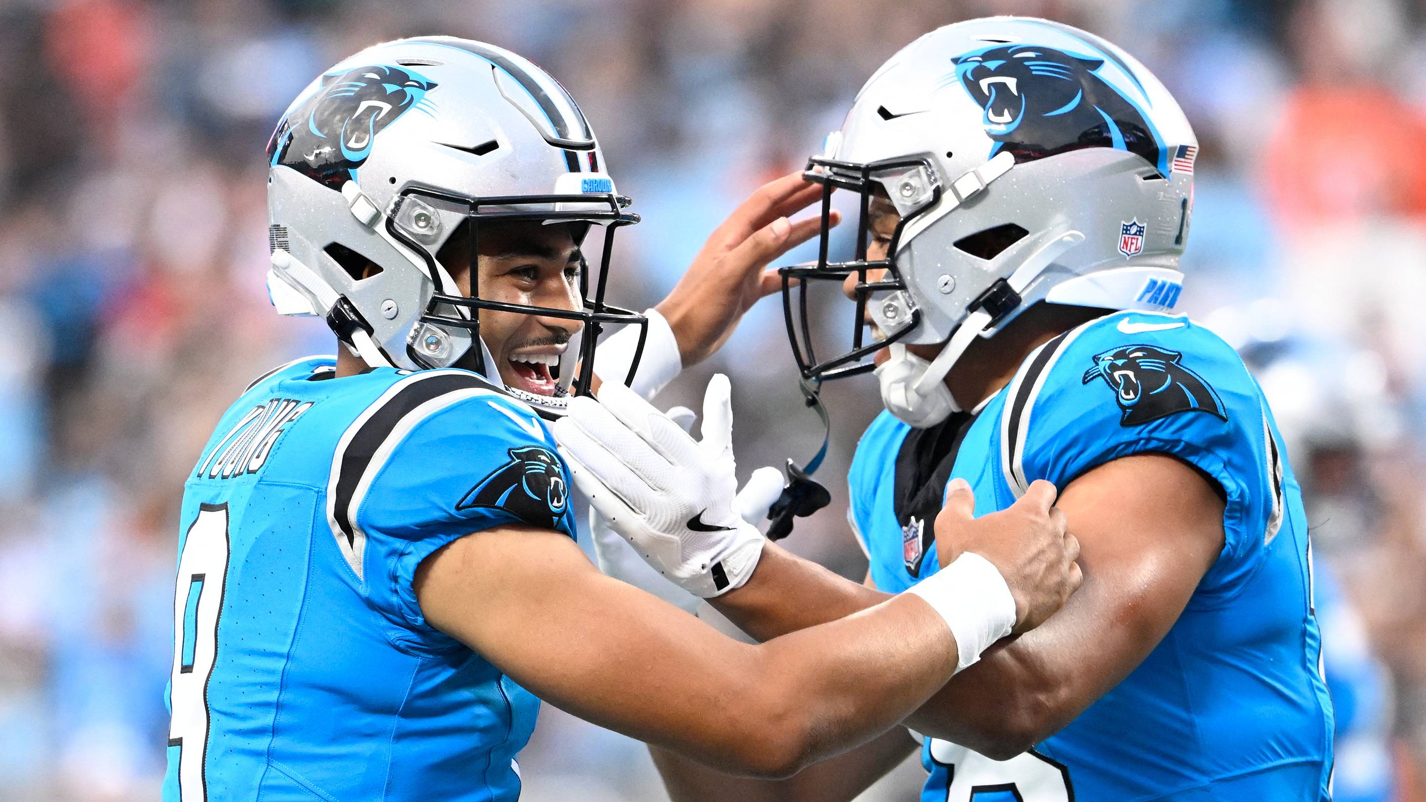 Carolina Panthers wide receiver Jalen Coker and quarterback Bryce Young.