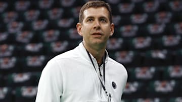 Feb 28, 2025; Boston, Massachusetts, USA; Boston Celtics president of basketball operations Brad Stevens before their game against the Cleveland Cavaliers at TD Garden. Mandatory Credit: Winslow Townson-Imagn Images