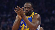 Jan 4, 2025; San Francisco, California, USA;  Golden State Warriors forward Draymond Green (23) celebrates a turnover by the Memphis Grizzlies in the first quarter at Chase Center. Mandatory Credit: David Gonzales-Imagn Images