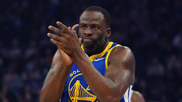 Jan 4, 2025; San Francisco, California, USA;  Golden State Warriors forward Draymond Green (23) celebrates a turnover by the Memphis Grizzlies in the first quarter at Chase Center. Mandatory Credit: David Gonzales-Imagn Images