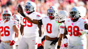 Ohio State Buckeyes linebacker Sonny Styles celebrates after intercepting a pass in the first half at Camp Randall Stadium.