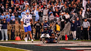 Nov 8, 2025; East Hartford, Connecticut, USA; UConn Huskies wide receiver Skyler Bell (1) scores against the Duke Blue Devils in the second quarter at Pratt & Whitney Stadium at Rentschler Field. Mandatory Credit: David Butler II-Imagn Images