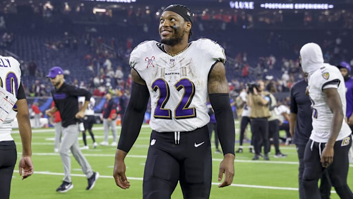 Baltimore Ravens running back Derrick Henry smiles after the game against the Houston Texans.