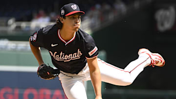 Sep 1, 2025; Washington, District of Columbia, USA; Washington Nationals starting pitcher Andrew Alvarez (54) throws to the Miami Marlins during the first inning at Nationals Park.