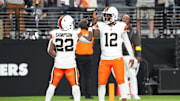 Nov 23, 2025; Paradise, Nevada, USA; Cleveland Browns quarterback Shedeur Sanders (12) celebrates with running back Dylan Sampson (22) after the two connected for a passing touchdown against the Las Vegas Raiders during the fourth quarter at Allegiant Stadium. Mandatory Credit: Stephen R. Sylvanie-Imagn Images