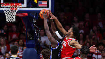 Feb 22, 2025; Tucson, Arizona, USA; Arizona Wildcats forward Tobe Awaka (30) attempts to block BYU Cougars forward Kanon Catching (6) from a basket during the second half at McKale Center. Mandatory Credit: Aryanna Frank-Imagn Images