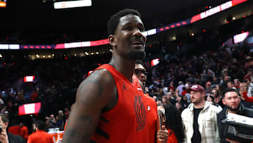 Feb 3, 2025; Portland, Oregon, USA;  Portland Trail Blazers center Deandre Ayton (2) reacts after helping secure a 121-119 overtime win against the Phoenix Suns at Moda Center. Mandatory Credit: Jaime Valdez-Imagn Images