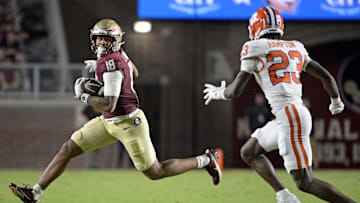 Oct 5, 2024; Tallahassee, Florida, USA; Florida State Seminoles tight end Landen Thomas (18) runs the ball against the Clemson Tigers during the second half at Doak S. Campbell Stadium. Mandatory Credit: Melina Myers-Imagn Images