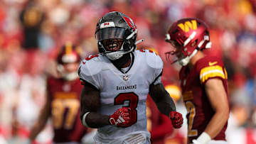 Sep 8, 2024; Tampa, Florida, USA; Tampa Bay Buccaneers safety Jordan Whitehead (3) reacts after a play against the Washington Commanders in the third quarter at Raymond James Stadium. Mandatory Credit: Nathan Ray Seebeck-Imagn Images