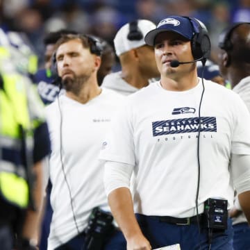 Aug 24, 2024; Seattle, Washington, USA; Seattle Seahawks head coach Mike Macdonald stands on the sideline during the fourth quarter against the Cleveland Browns at Lumen Field. Mandatory Credit: Joe Nicholson-USA TODAY Sports