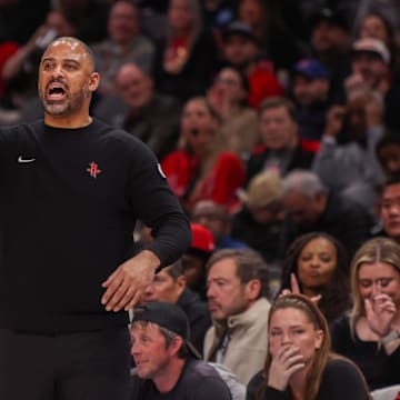 Jan 28, 2025; Atlanta, Georgia, USA; Houston Rockets head coach Ime Udoka calls a play against the Atlanta Hawks in the fourth quarter at State Farm Arena. Mandatory Credit: Brett Davis-Imagn Images