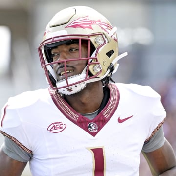 Apr 20, 2024; Tallahassee, Florida, USA; Florida State Seminoles wide receiver Kentron Poitier (1) during the Spring Showcase at Doak S. Campbell Stadium. Mandatory Credit: Melina Myers-USA TODAY Sports