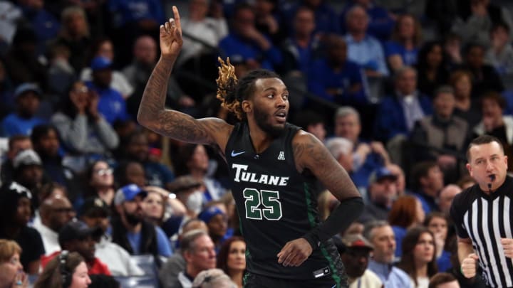 Feb 11, 2024; Memphis, Tennessee, USA; Tulane Green Wave guard Jaylen Forbes (25) reacts after a