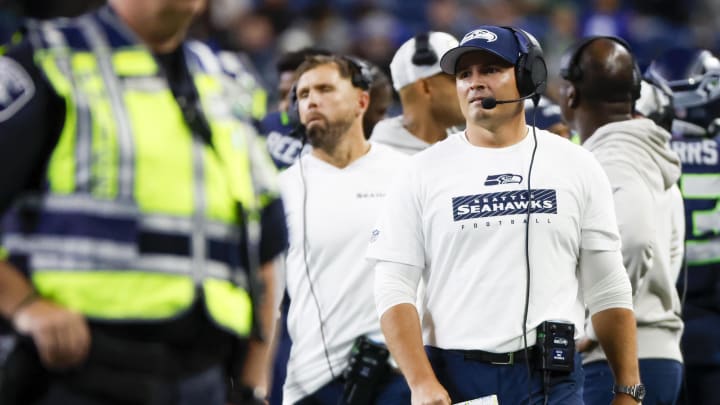 Aug 24, 2024; Seattle, Washington, USA; Seattle Seahawks head coach Mike Macdonald stands on the sideline during the fourth quarter against the Cleveland Browns at Lumen Field. Mandatory Credit: Joe Nicholson-USA TODAY Sports