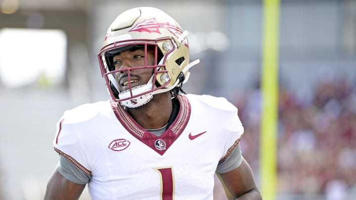 Apr 20, 2024; Tallahassee, Florida, USA; Florida State Seminoles wide receiver Kentron Poitier (1) during the Spring Showcase at Doak S. Campbell Stadium. Mandatory Credit: Melina Myers-USA TODAY Sports