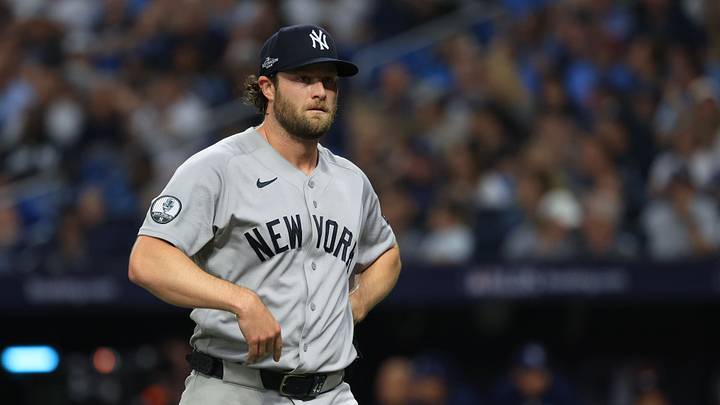 Oct 3, 2026; St. Petersburg, Florida, USA;  New York Yankees pitcher Gerrit Cole (45) returns to the dugout after the first inning against the Tampa Bay Rays in game one of the ALDS for the 2026 MLB Playoffs at Tropicana Field.  Mandatory Credit: Kim Klement Neitzel-Imagn Images