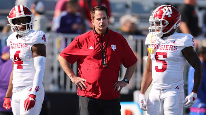 Head coach Curt Cignetti of the Indiana Hoosiers looks on prior to the game against the Northwestern Wildcats at Martin Stadium on October 05, 2024 in Chicago, Illinois.