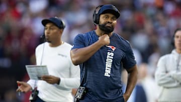 Dec 15, 2024; Glendale, Arizona, USA; New England Patriots head coach Jerod Mayo against the Arizona Cardinals at State Farm Stadium. Mandatory Credit: Mark J. Rebilas-Imagn Images