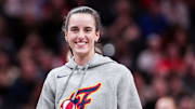 Indiana Fever Caitlin Clark (22) smiles Saturday, May 3, 2025, during a timeout at a preseason game between the Indiana Fever and the Washington Mystics at Gainbridge Fieldhouse in Indianapolis.