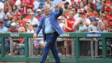 Aug 18, 2024; Philadelphia, Pennsylvania, USA; Former Philadelphia Phillies president Dave Dombrowski during Phillies Alumni Weekend and the 20th anniversary of Citizens Bank Park before game against the Washington Nationals at Citizens Bank Park. Mandatory Credit: Eric Hartline-Imagn Images