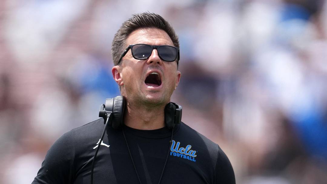 May 2, 2026; Pasadena, CA, USA; UCLA Bruins coach Bob Chesney reacts during the spring game at Rose Bowl. Mandatory Credit: Kirby Lee-Imagn Images