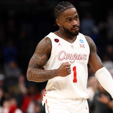 Mar 24, 2024; Memphis, TN, USA; Houston Cougars guard Jamal Shead (1) reacts during over time against the Texas A&M Aggies in the second round of the 2024 NCAA Tournament at FedExForum. Mandatory Credit: Petre Thomas-USA TODAY Sports