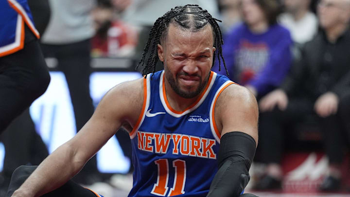 Mar 3, 2026; Toronto, Ontario, CAN; New York Knicks guard Jalen Brunson (11) reacts after getting poked in the eye during a collision with a Toronto Raptors player during the second half at Scotiabank Arena. Mandatory Credit: John E. Sokolowski-Imagn Images
