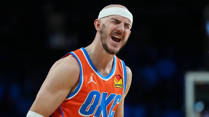 Dec 13, 2025; Las Vegas, Nevada, USA; Oklahoma City Thunder guard Alex Caruso (9) reacts in the games closing seconds against the San Antonio Spurs during the fourth quarter at T-Mobile Arena. Mandatory Credit: Kirby Lee-Imagn Images