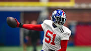 May 9, 2025; East Rutherford, NJ, USA; New York Giants linebacker Abdul Carter (51) participates in a drill during rookie minicamp at Quest Diagnostics Training Center.  