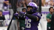 Oct 18, 2025; Fort Worth, Texas, USA; TCU Horned Frogs cornerback Vernon Glover (26) reacts after a pass defense against the Baylor Bears during the second half of a game at Amon G. Carter Stadium. Mandatory Credit: Raymond Carlin III-Imagn Images