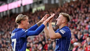 Jack Clarke and Liam Delap celebrate against Brentford 