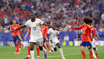 Randal Kolo Muani celebrates his goal in the Euros semi final against Spain