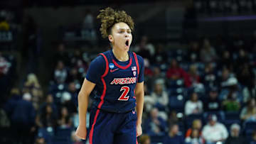 Mar 23, 2024; Storrs, Connecticut, USA; Arizona Wildcats guard Jada Williams (2) reacts after her basket against the Syracuse Orange in the first half at Harry A. Gampel Pavilion. Mandatory Credit: David Butler II-Imagn Images