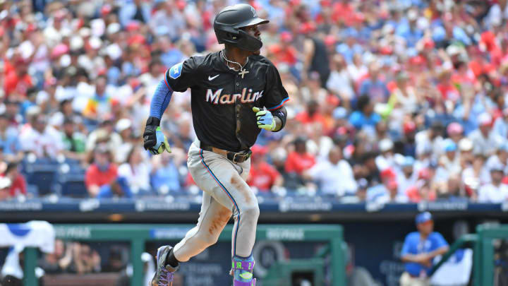 Jun 30, 2024; Philadelphia, Pennsylvania, USA; Miami Marlins outfielder Jazz Chisholm Jr. (2) watches his hits an RBI single against the Philadelphia Phillies during the fourth inning at Citizens Bank Park. 