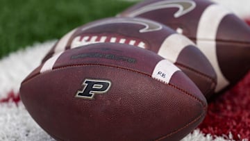 General view of Purdue Boilermakers footballs during warmups 