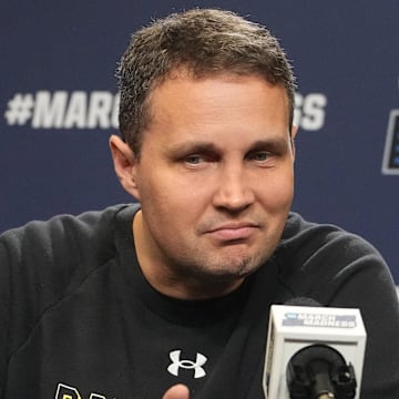 Mar 19, 2025; Providence, RI, USA; McNeese State Cowboys head coach Will Wade answers questions during the first round practice session press conference at Amica Mutual Pavilion. Mandatory Credit: Gregory Fisher-Imagn Images