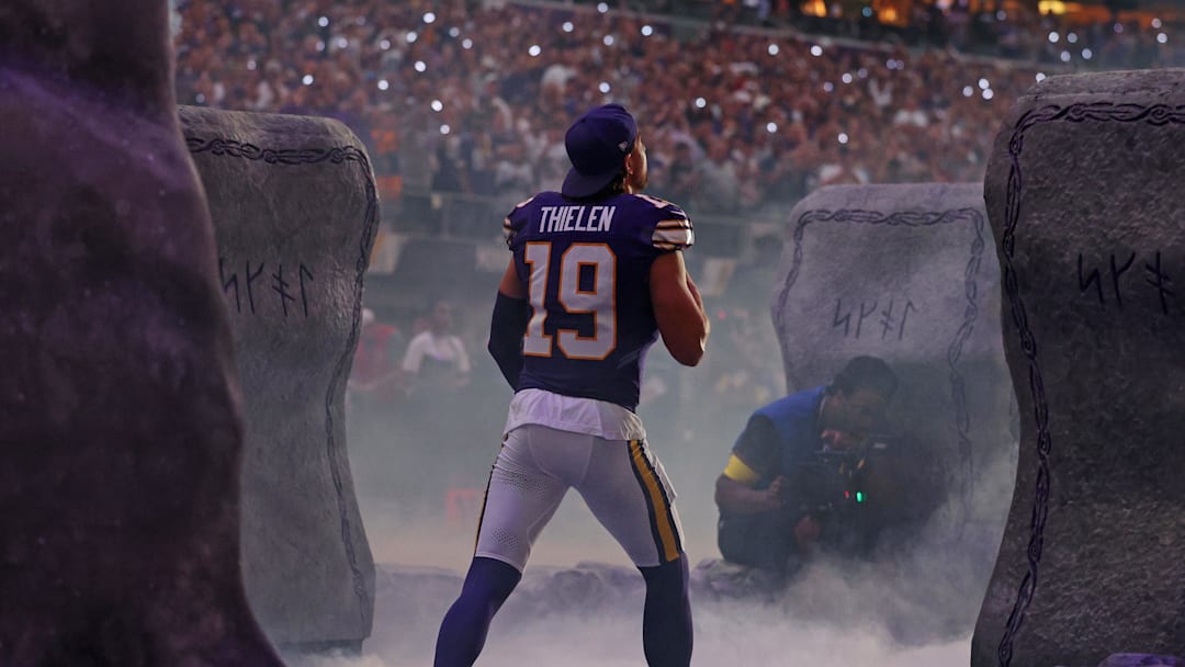 Sep 14, 2025; Minneapolis, Minnesota, USA; Minnesota Vikings wide receiver Adam Thielen (19) enters the field before the game against the Atlanta Falcons at U.S. Bank Stadium.