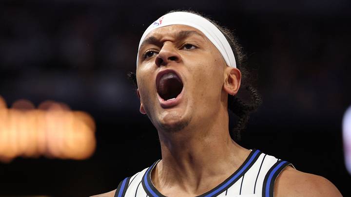 Oct 22, 2025; Orlando, Florida, USA; Orlando Magic forward Paolo Banchero (5) reacts after a shot against the Miami Heat in the fourth quarter at Kia Center. Mandatory Credit: Nathan Ray Seebeck-Imagn Images
