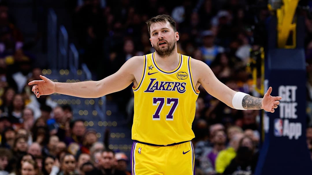 Jan 20, 2026; Denver, Colorado, USA; Los Angeles Lakers guard Luka Doncic (77) reacts after a play in the third quarter against the Denver Nuggets at Ball Arena. Mandatory Credit: Isaiah J. Downing-Imagn Images